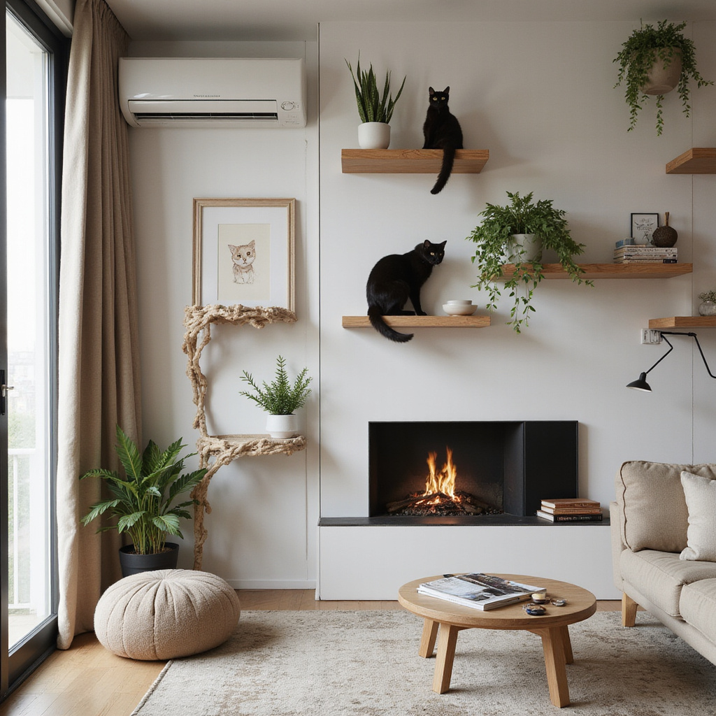Un chat jouant sur un arbre à chat avec des étagères murales dans un appartement lumineux.