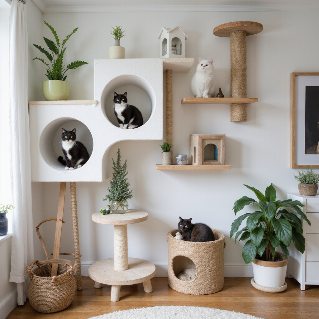 Un chat jouant sur un arbre à chat avec des étagères murales dans un appartement lumineux.