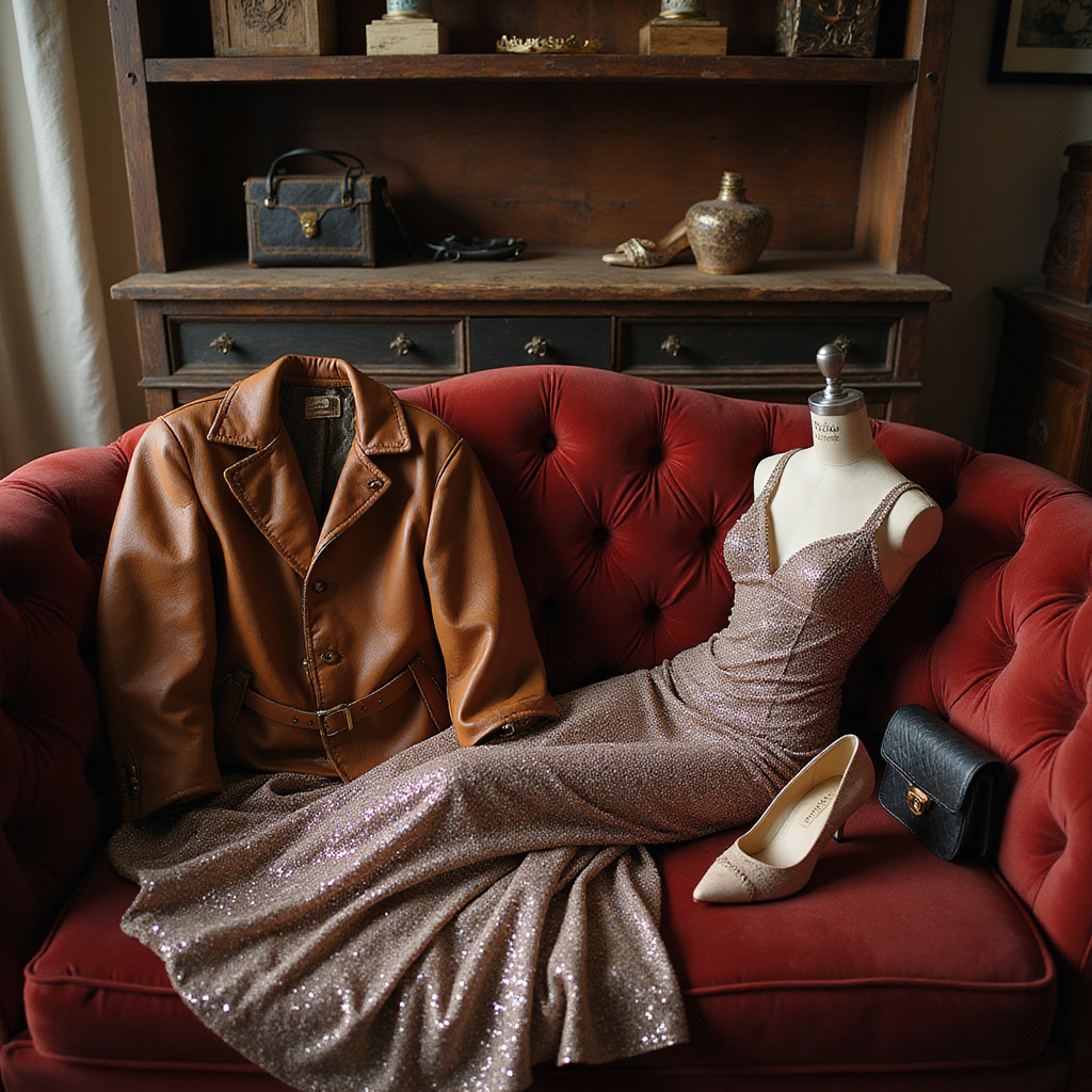 Une célébrité parcourant sa garde-robe sur Vinted, souriante, entourée de vêtements et d’accessoires de luxe, prête à les partager avec ses fans.