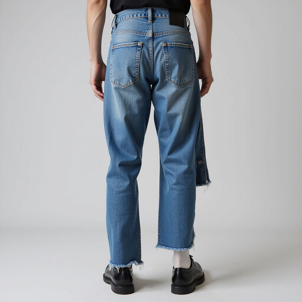 Une femme portant des jeans à une jambe noirs asymétriques, accompagnés d’un t-shirt blanc et de talons hauts, dans un cadre urbain moderne.