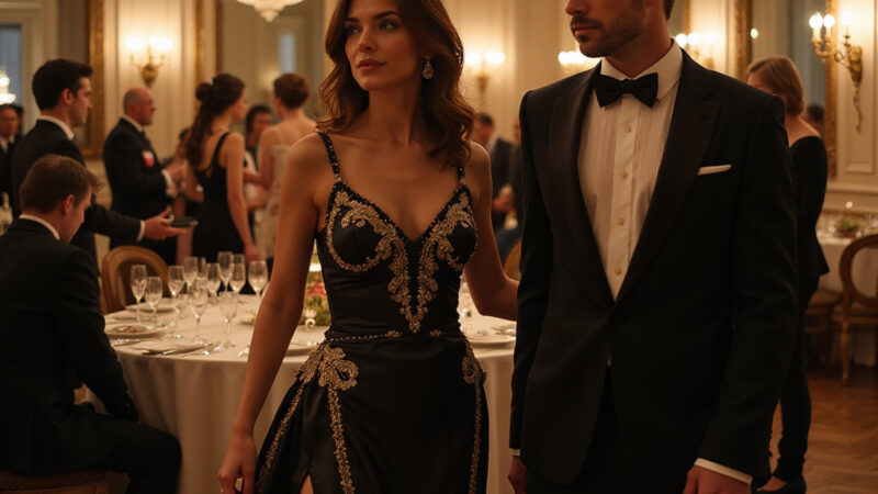 Un homme élégant portant un costume bleu marine avec un nœud papillon et des chaussures en cuir, prêt pour une soirée de gala.