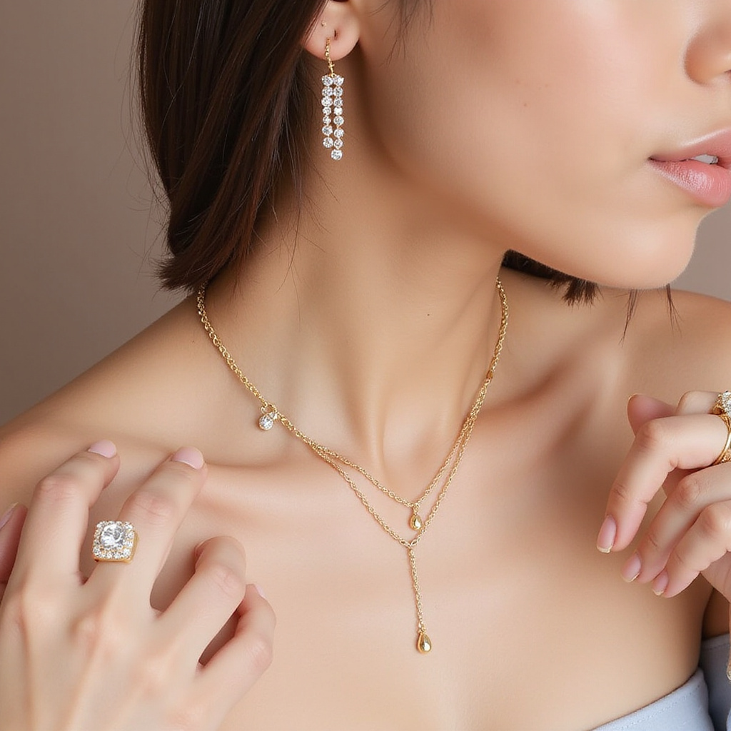 Image alt-text : Une collection de bijoux Amazon, incluant des boucles doreilles, des colliers et des bracelets, disposés de manière élégante sur un fond neutre.