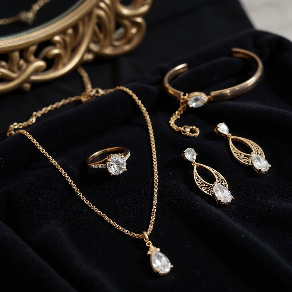 Image alt-text : Une collection de bijoux Amazon, incluant des boucles doreilles, des colliers et des bracelets, disposés de manière élégante sur un fond neutre.