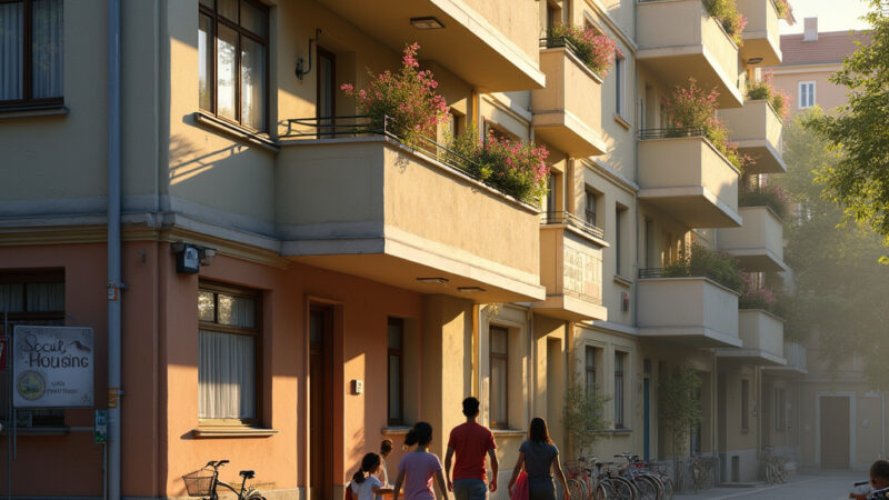 Un locataire discutant avec un agent immobilier devant un immeuble de logement social, illustrant le concept de surloyer.