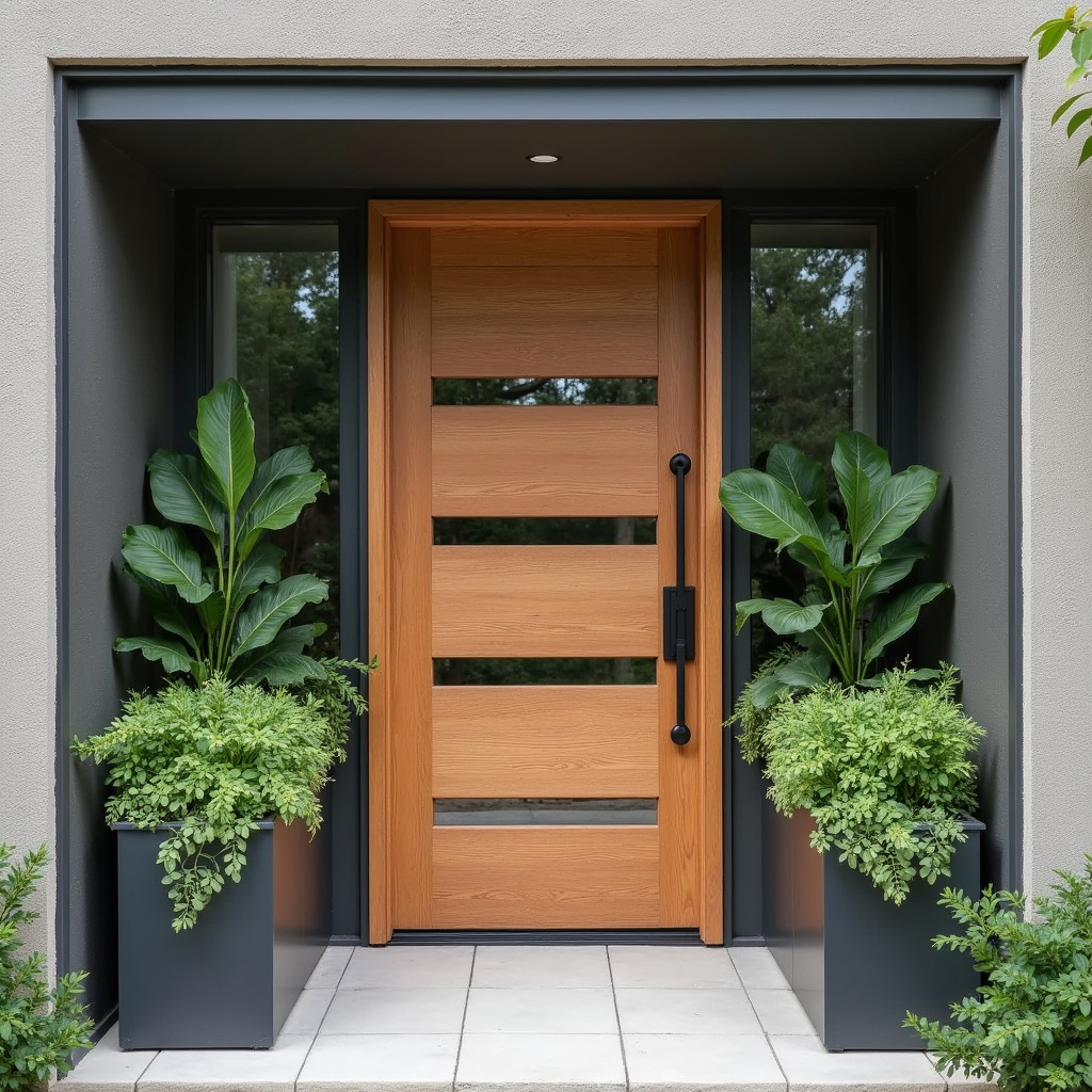 Une porte d’entrée peinte en gris anthracite, harmonieusement intégrée dans un mur de la même couleur, créant une illusion d’espace infini.