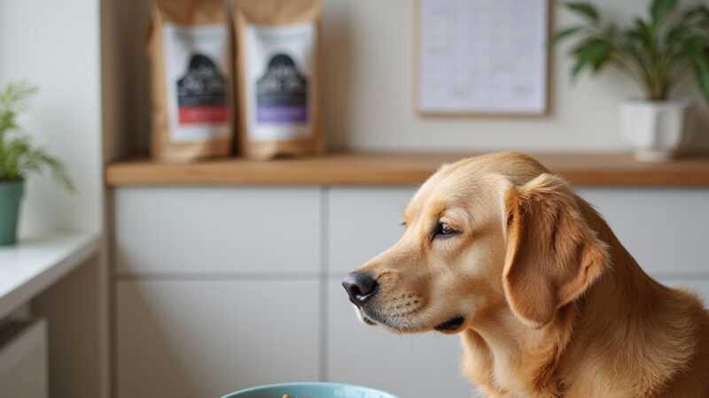 [Chien heureux devant deux bols de nourriture, symbolisant la transition alimentaire]