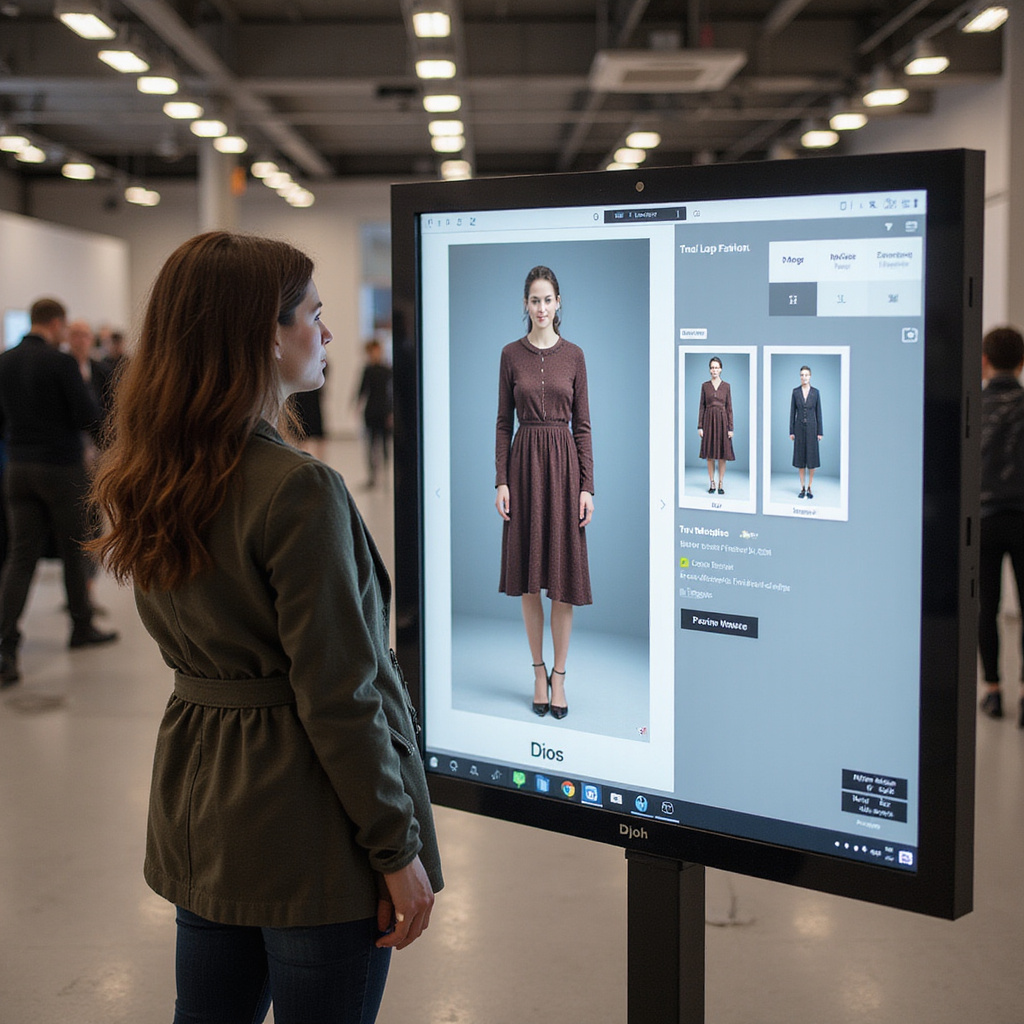 Une femme utilisant lapplication Doji pour essayer virtuellement une tenue sur son avatar personnalisé, avec des vêtements variés affichés à lécran.