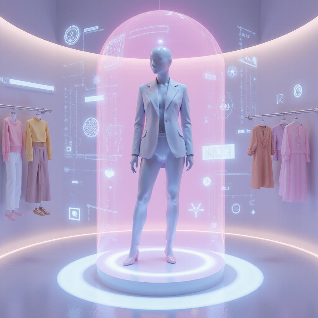 Une femme utilisant lapplication Doji pour essayer virtuellement une tenue sur son avatar personnalisé, avec des vêtements variés affichés à lécran.