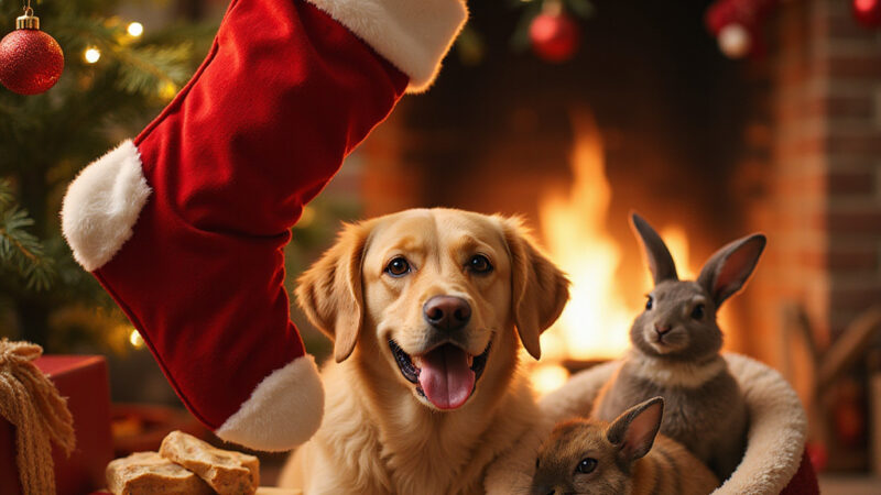 [Une chaussette de Noël remplie de jouets et friandises pour chat et chien]