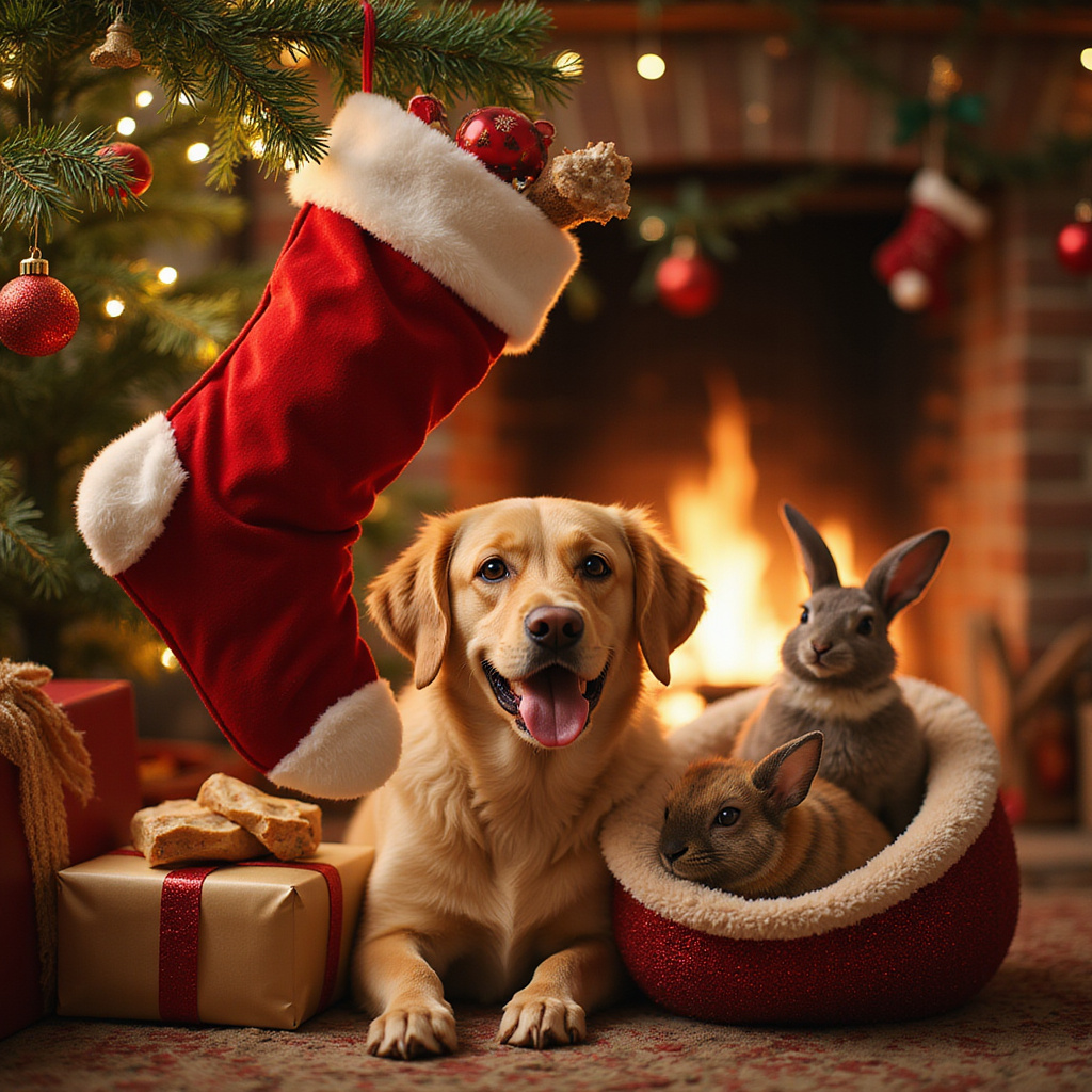 [Une chaussette de Noël remplie de jouets et friandises pour chat et chien]