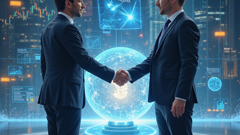 Trois investisseurs visionnaires discutant d’une transaction historique dans le domaine de l’intelligence artificielle.