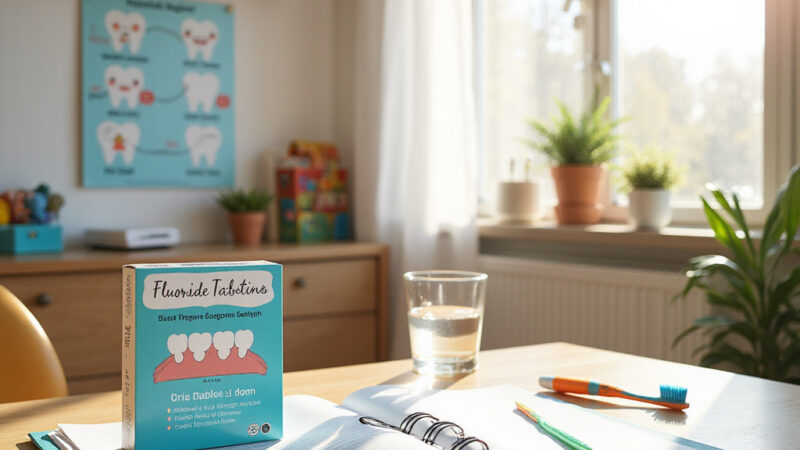 Un enfant tenant une bouteille deau fluorée avec une étiquette explicative sur les bienfaits du fluorure pour la santé dentaire.