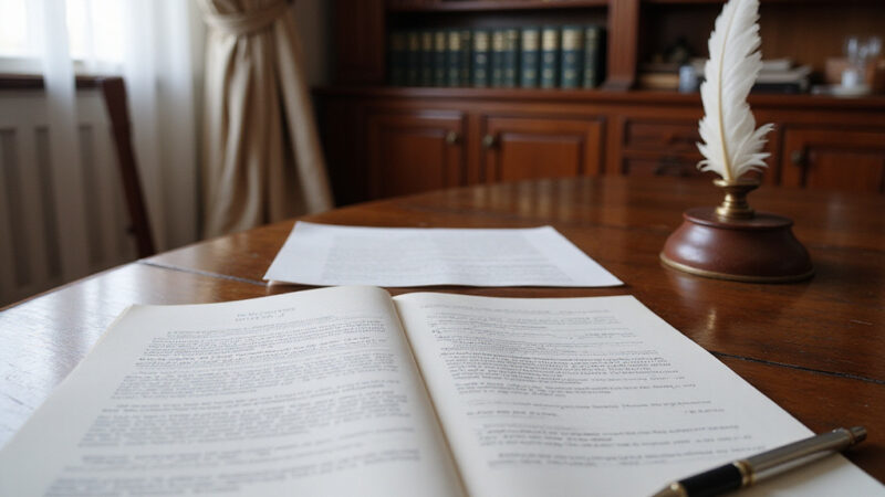 Un notaire en train de signer un acte de vente, entouré de documents juridiques.