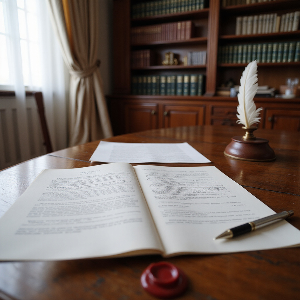 Un notaire en train de signer un acte de vente, entouré de documents juridiques.