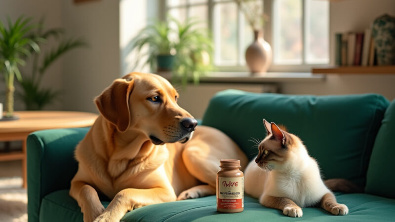 [Description alt grafiki : Un chien et un chat devant un bol de croquettes enrichies en prébiotiques et probiotiques, avec des étiquettes indiquant les ingrédients bénéfiques pour la santé digestive.]