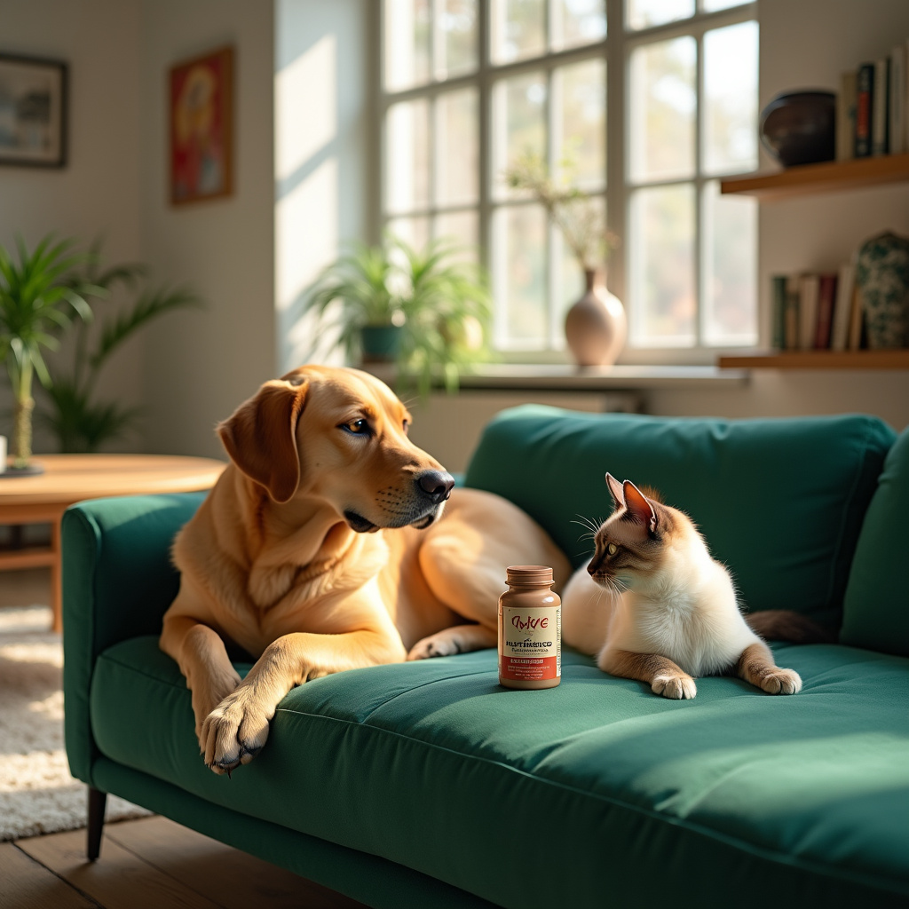 [Description alt grafiki : Un chien et un chat devant un bol de croquettes enrichies en prébiotiques et probiotiques, avec des étiquettes indiquant les ingrédients bénéfiques pour la santé digestive.]
