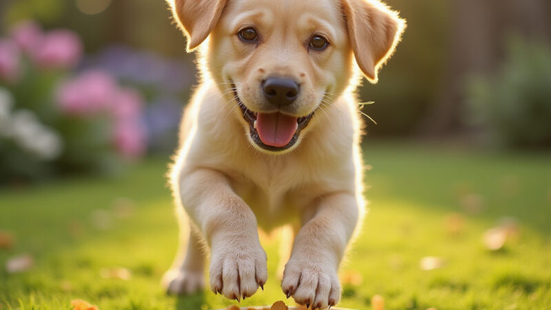 [Petit chiot mignon mangeant des croquettes dans un bol coloré]