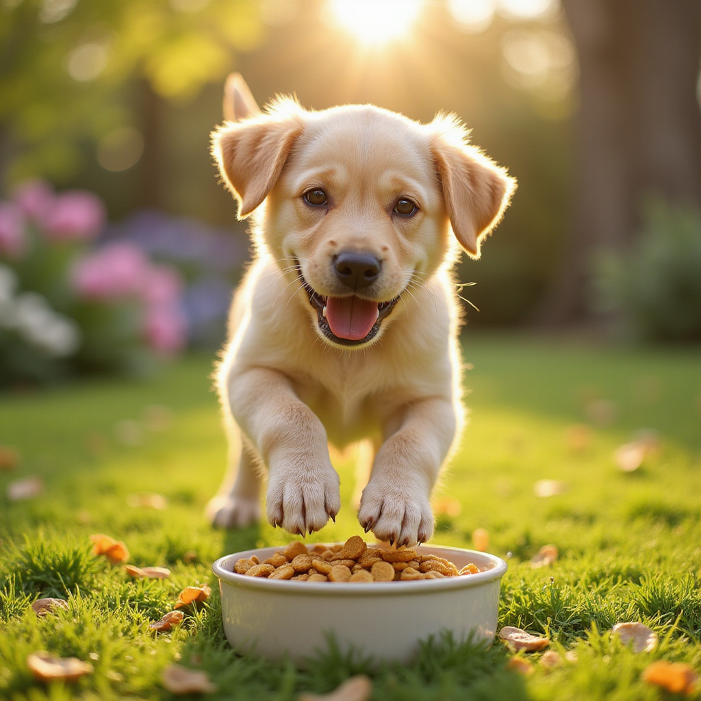 [Petit chiot mignon mangeant des croquettes dans un bol coloré]