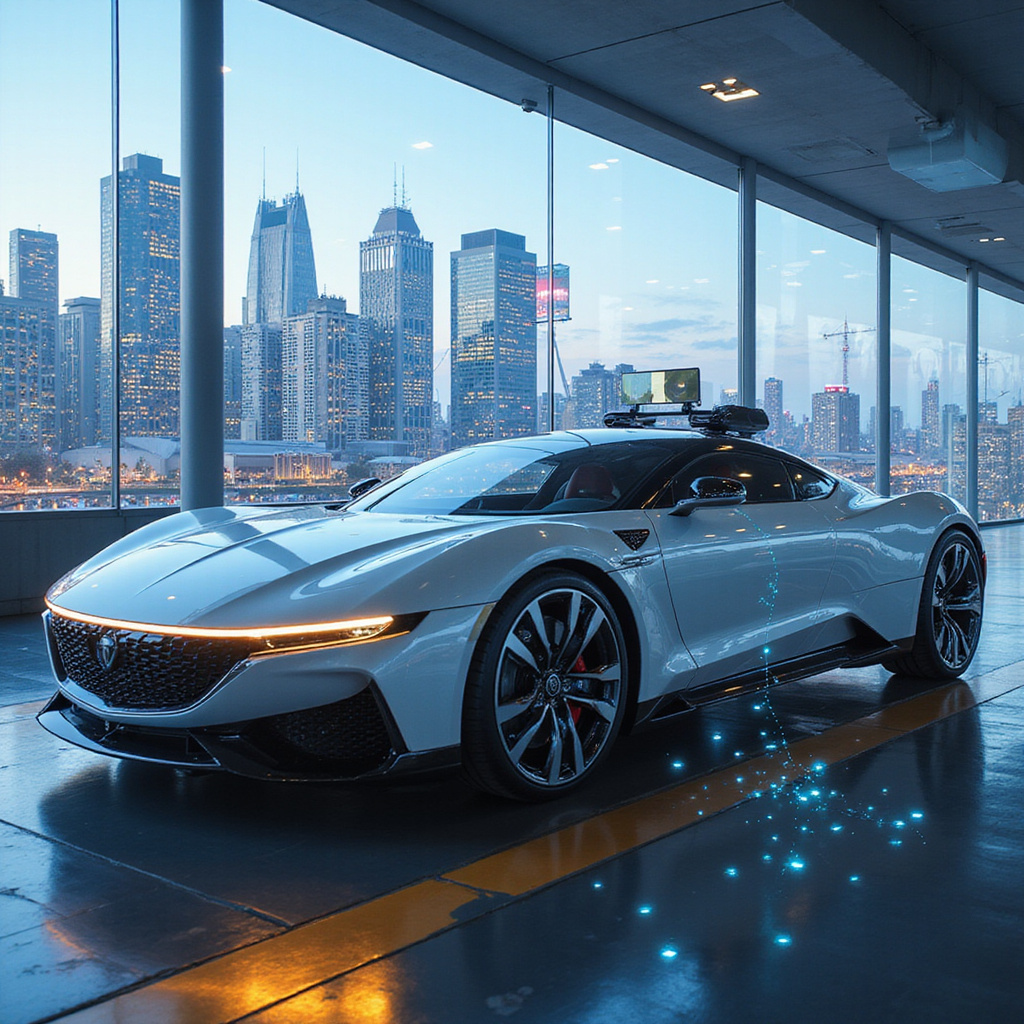 Une voiture intelligente équipée de capteurs et de systèmes dIA, illustrant lavenir de la conduite autonome.