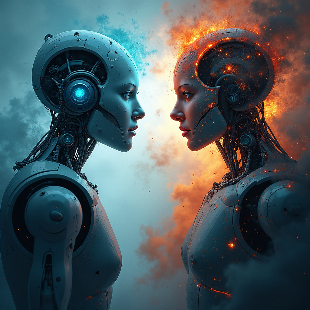 alt-text: Un robot et un humain travaillant ensemble dans une usine automobile automatisée, illustrant la collaboration entre lIA et les humains.