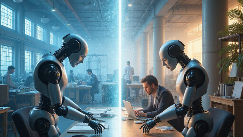 alt-text: Un robot et un humain travaillant ensemble dans une usine automobile automatisée, illustrant la collaboration entre lIA et les humains.