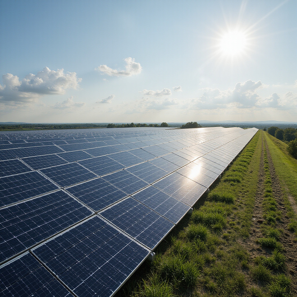 Image d’une ferme solaire dans le désert du Texas, avec des panneaux photovoltaïques alignés à perte de vue sous un ciel bleu clair.