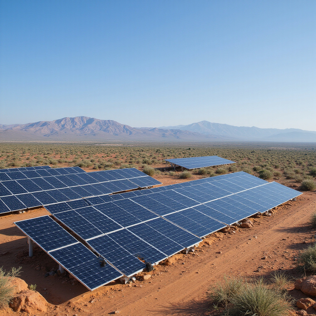Image d’une ferme solaire dans le désert du Texas, avec des panneaux photovoltaïques alignés à perte de vue sous un ciel bleu clair.