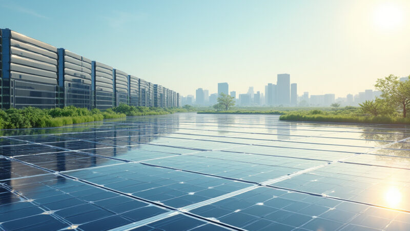 Image d’une ferme solaire dans le désert du Texas, avec des panneaux photovoltaïques alignés à perte de vue sous un ciel bleu clair.