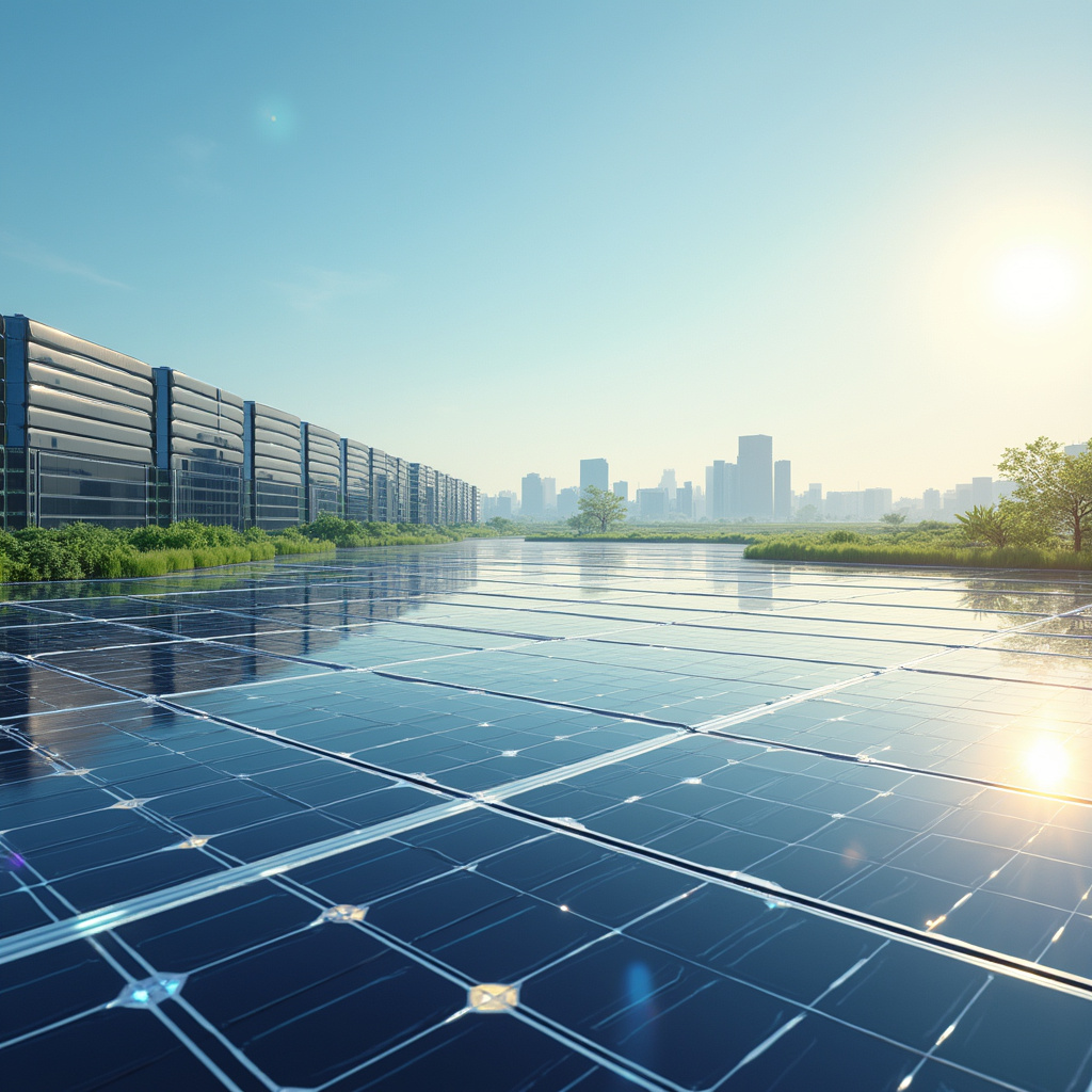 Image d’une ferme solaire dans le désert du Texas, avec des panneaux photovoltaïques alignés à perte de vue sous un ciel bleu clair.
