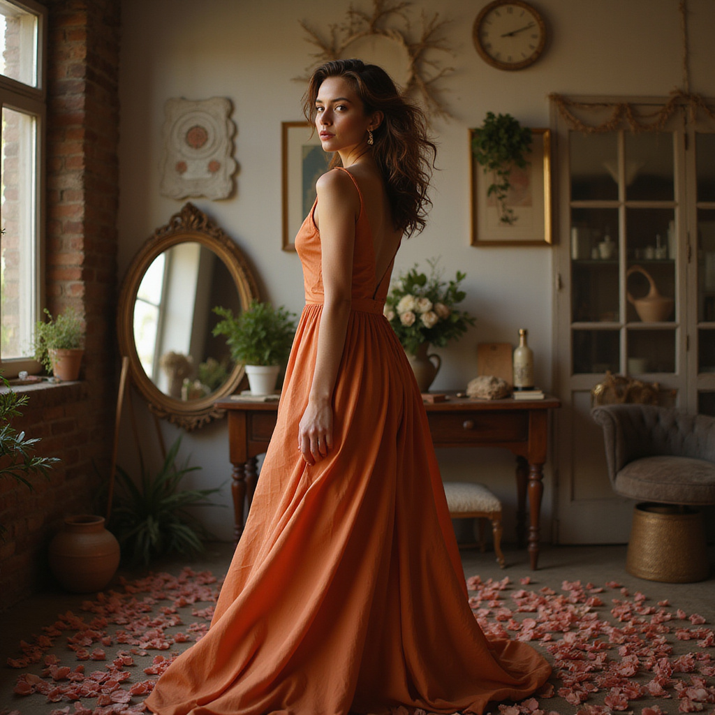 Alt-text : Une femme élégante portant une robe moderne et un maquillage raffiné, illustrant l’harmonie entre mode et beauté.
