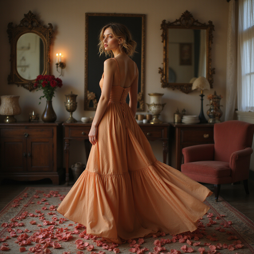 Alt-text : Une femme élégante portant une robe moderne et un maquillage raffiné, illustrant l’harmonie entre mode et beauté.