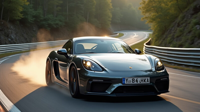 [Une Porsche Cayman électrique en pleine action sur le circuit du Nürburgring, entourée de verdure]