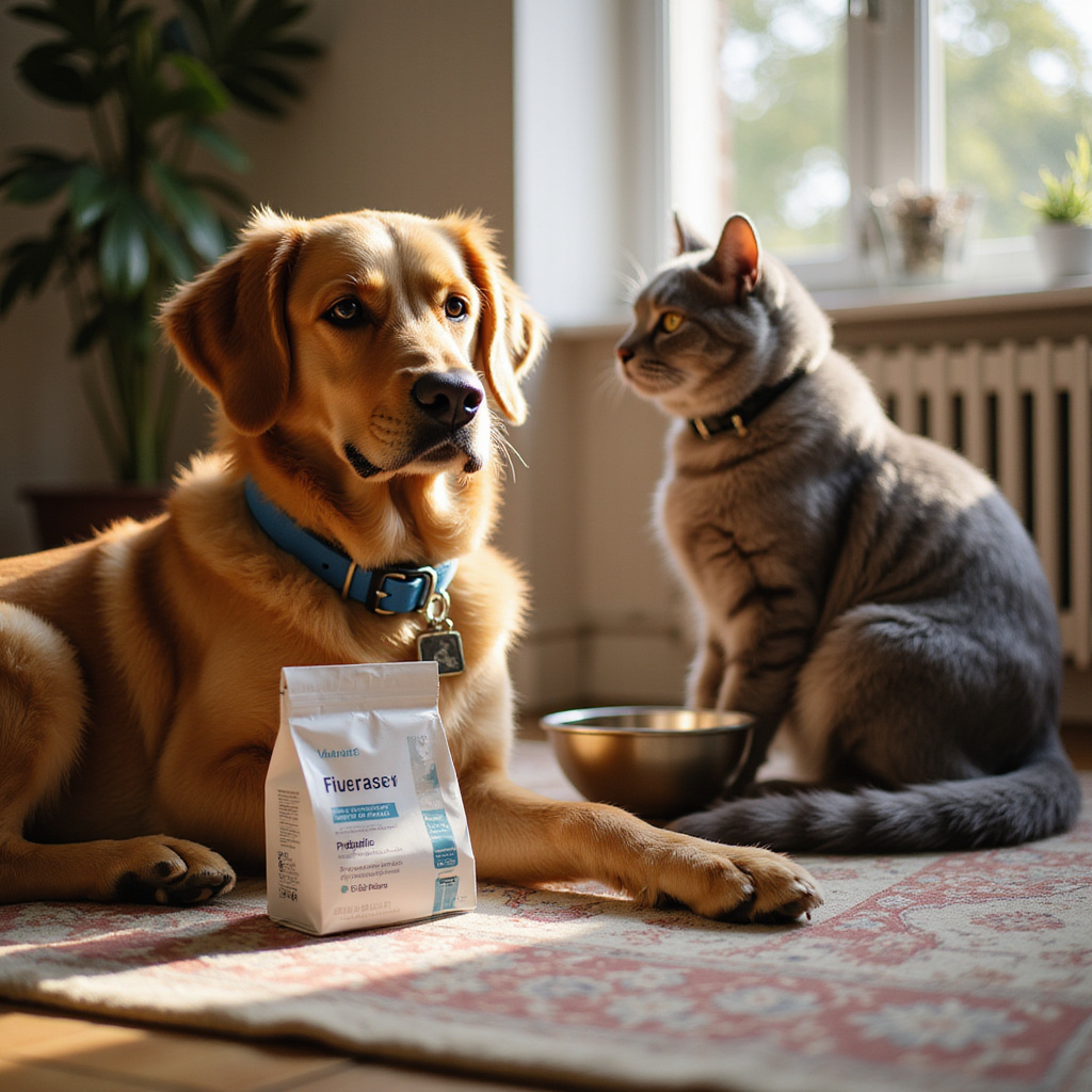 [Description alt graphique : Un chien et un chat devant des bols de nourriture enrichis en prébiotiques et probiotiques, avec des légumes et des céréales en arrière-plan.]