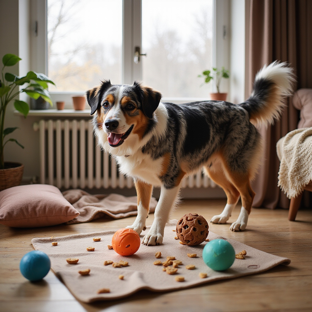[Un chien jouant avec un tapis de fouille, cherchant des friandises cachées dans un environnement intérieur chaleureux.]