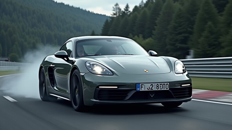 undefined[Une Porsche Cayman électrique en pleine action sur le circuit du Nürburgring, entourée de paysages verdoyants]