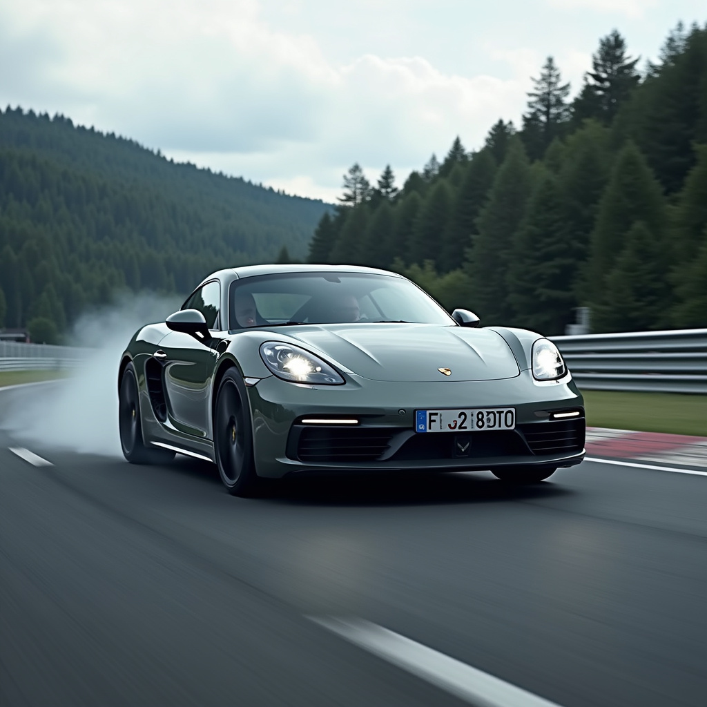 undefined[Une Porsche Cayman électrique en pleine action sur le circuit du Nürburgring, entourée de paysages verdoyants]