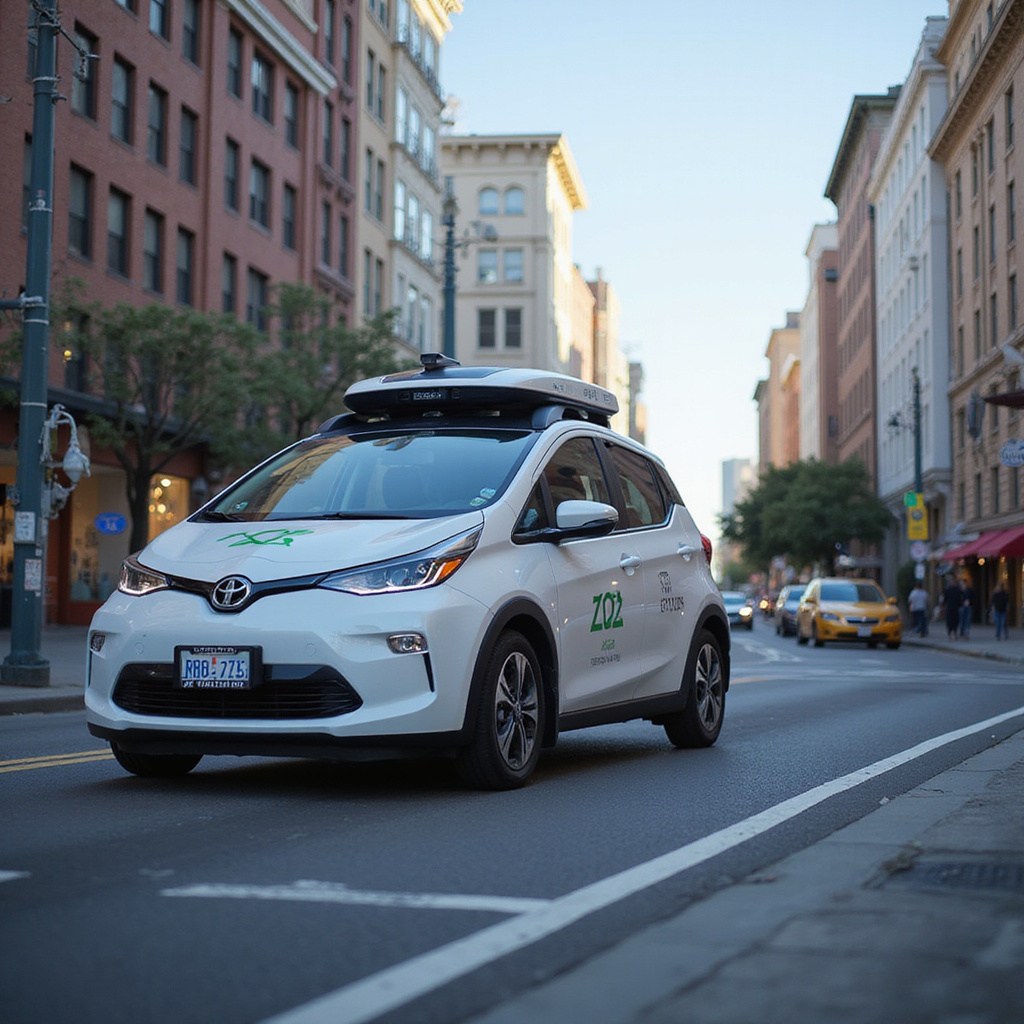 Un robotaxi Zoox arrêté à une intersection après une collision avec une trottinette électrique, tandis que des enquêteurs examinent les lieux.
