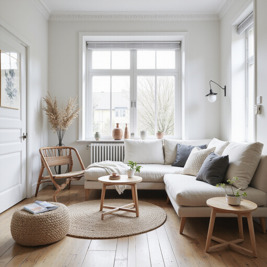 Une femme portant un manteau beige et un pull gris, illustrant lélégance simple et épurée de la mode scandinave.