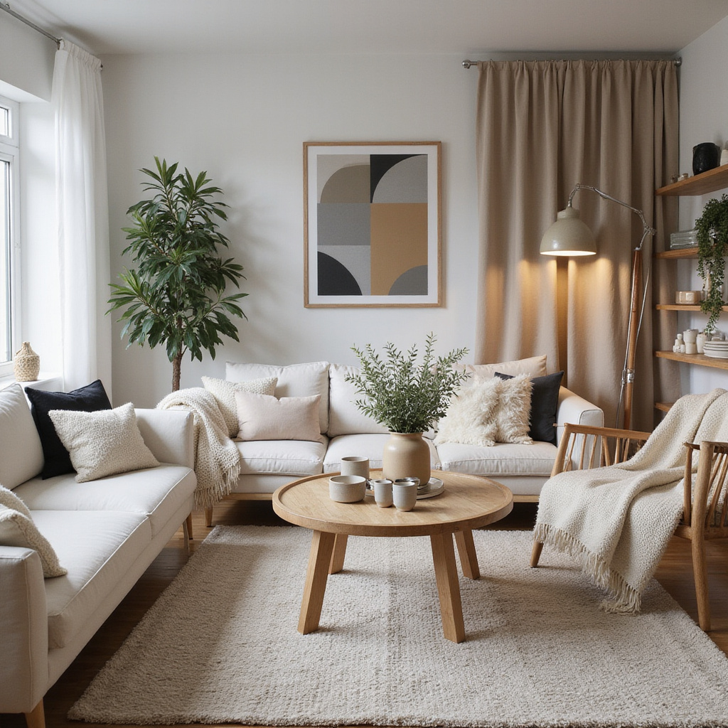 Une femme portant un manteau beige et un pull gris, illustrant lélégance simple et épurée de la mode scandinave.