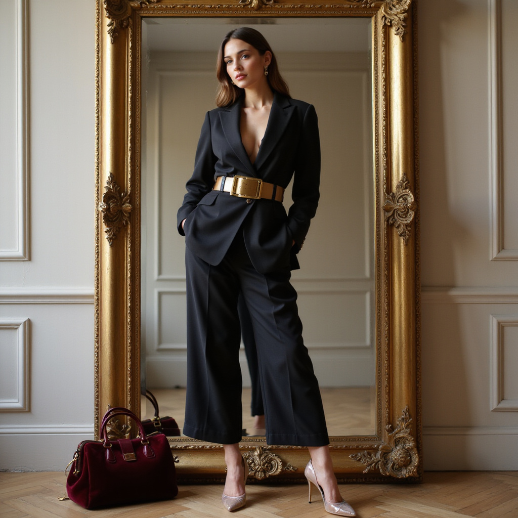 Jeune femme portant une tenue alliant un trench classique et des accessoires modernes dans un cadre urbain.