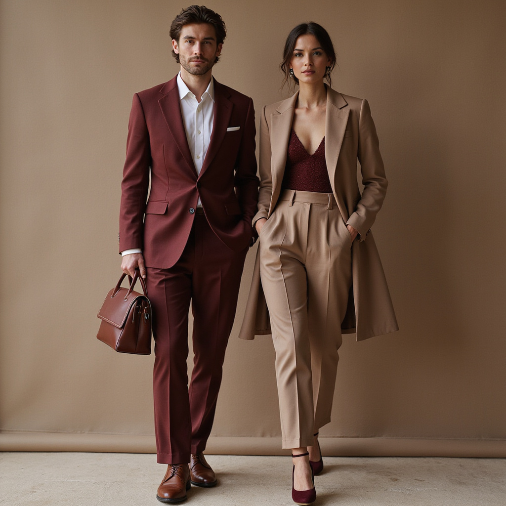 Alt-text : Femme portant un garnitur damski de couleur marsala, associé à des accessoires neutres et des chaussures élégantes, illustrant comment harmoniser cette teinte avec style.