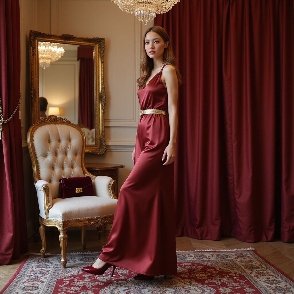 Alt-text : Femme portant un garnitur damski de couleur marsala, associé à des accessoires neutres et des chaussures élégantes, illustrant comment harmoniser cette teinte avec style.