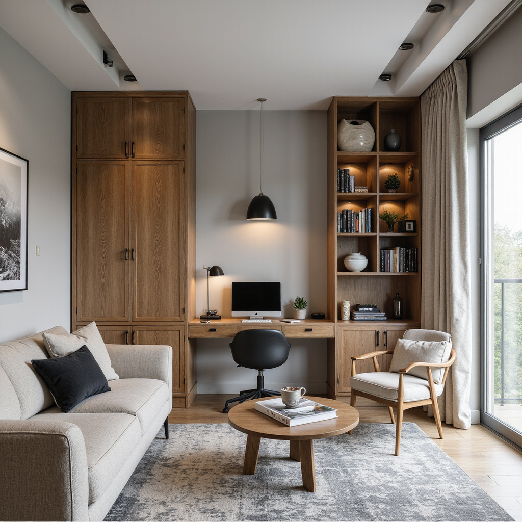Un bureau moderne intégré dans un salon lumineux avec des plantes vertes et des rangements pratiques.