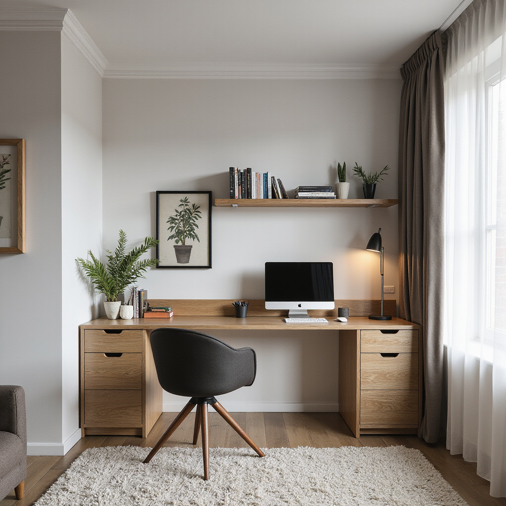Un bureau moderne intégré dans un salon lumineux avec des plantes vertes et des rangements pratiques.