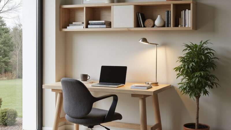 Un bureau moderne intégré dans un salon lumineux avec des plantes vertes et des rangements pratiques.
