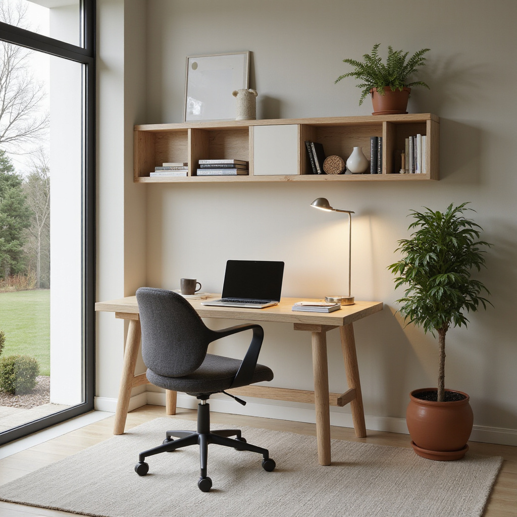 Un bureau moderne intégré dans un salon lumineux avec des plantes vertes et des rangements pratiques.