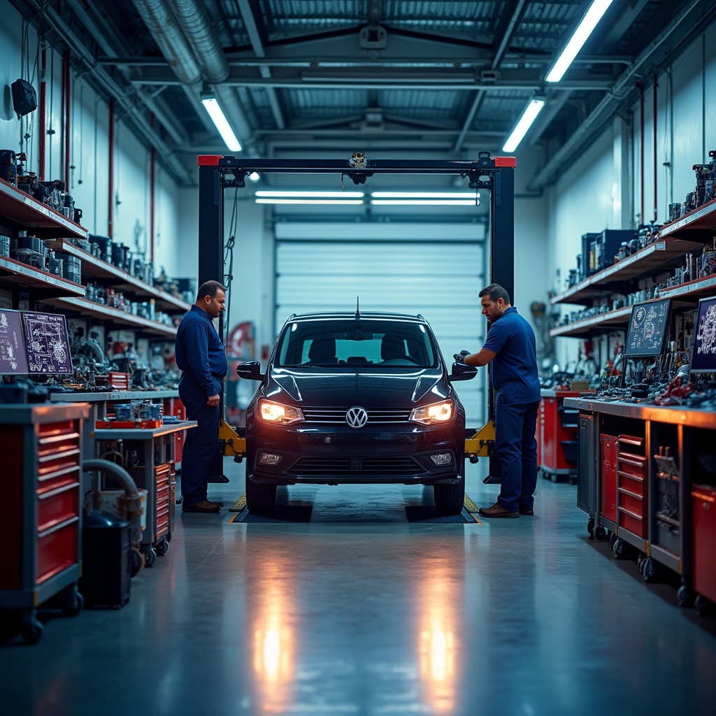 Alt-text : Une personne dans un garage automobile, concentrée sur la préparation dune voiture pour une course, entourée doutils et de pièces détachées.