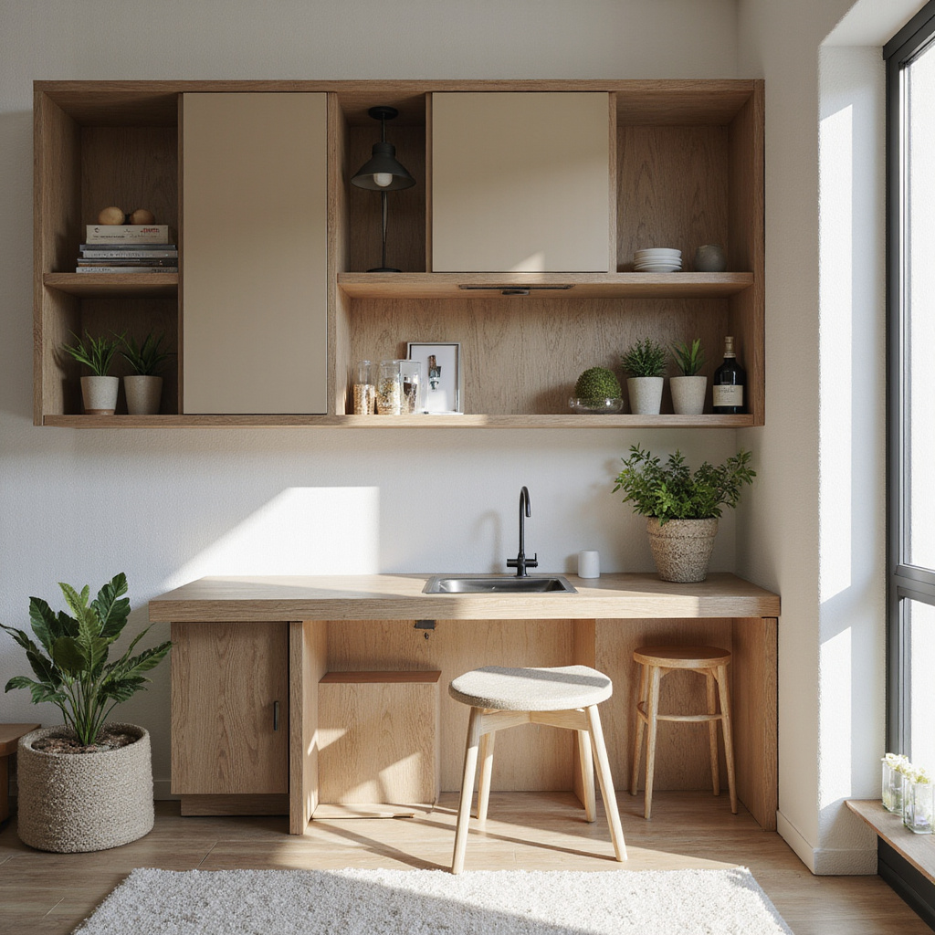 Image dun petit appartement bien aménagé avec des étagères murales, un canapé-lit et des panneaux coulissants pour séparer les espaces.