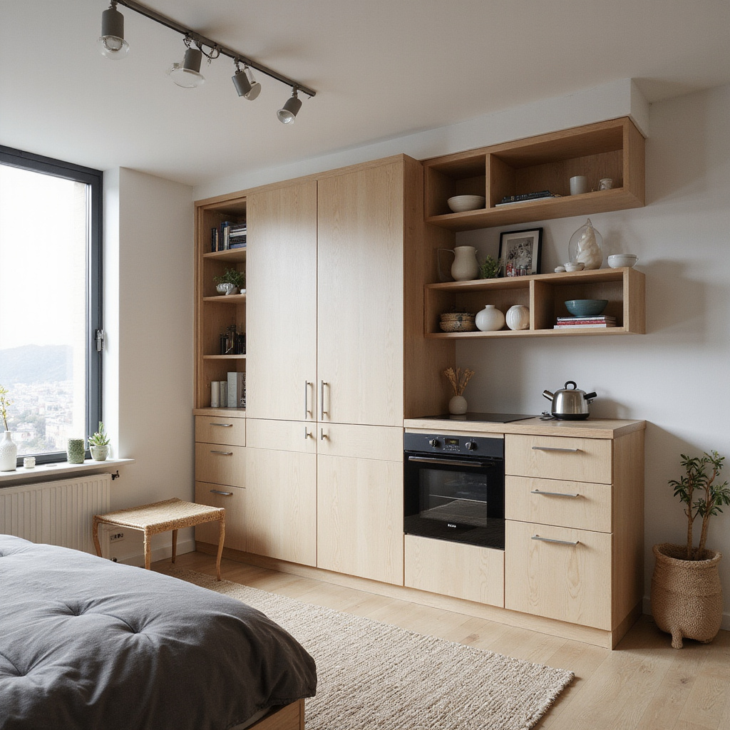 Image dun petit appartement bien aménagé avec des étagères murales, un canapé-lit et des panneaux coulissants pour séparer les espaces.