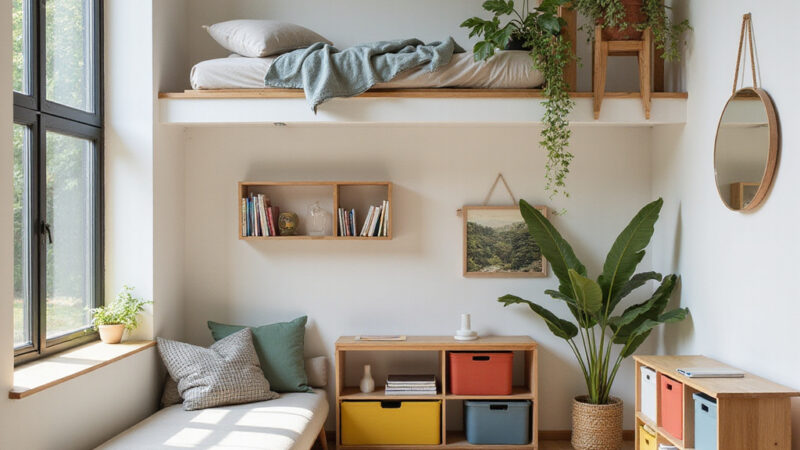 Image dun petit appartement bien aménagé avec des étagères murales, un canapé-lit et des panneaux coulissants pour séparer les espaces.